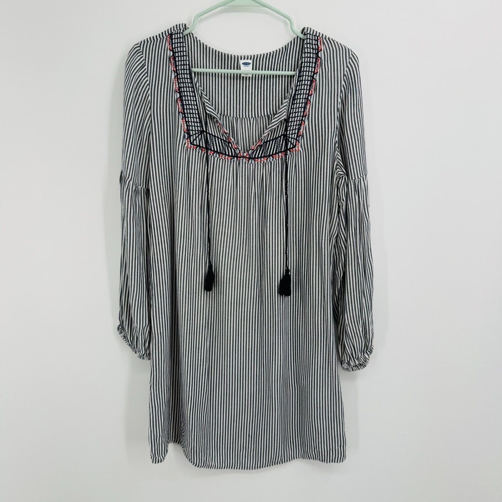 Old Navy‎ Womens Dress Size M Striped Boho Peasant Long Sleeve Gray Tunic